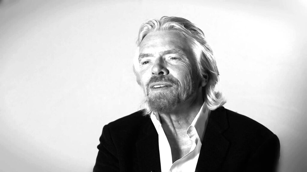 Black and white iamge of Richard Branson.